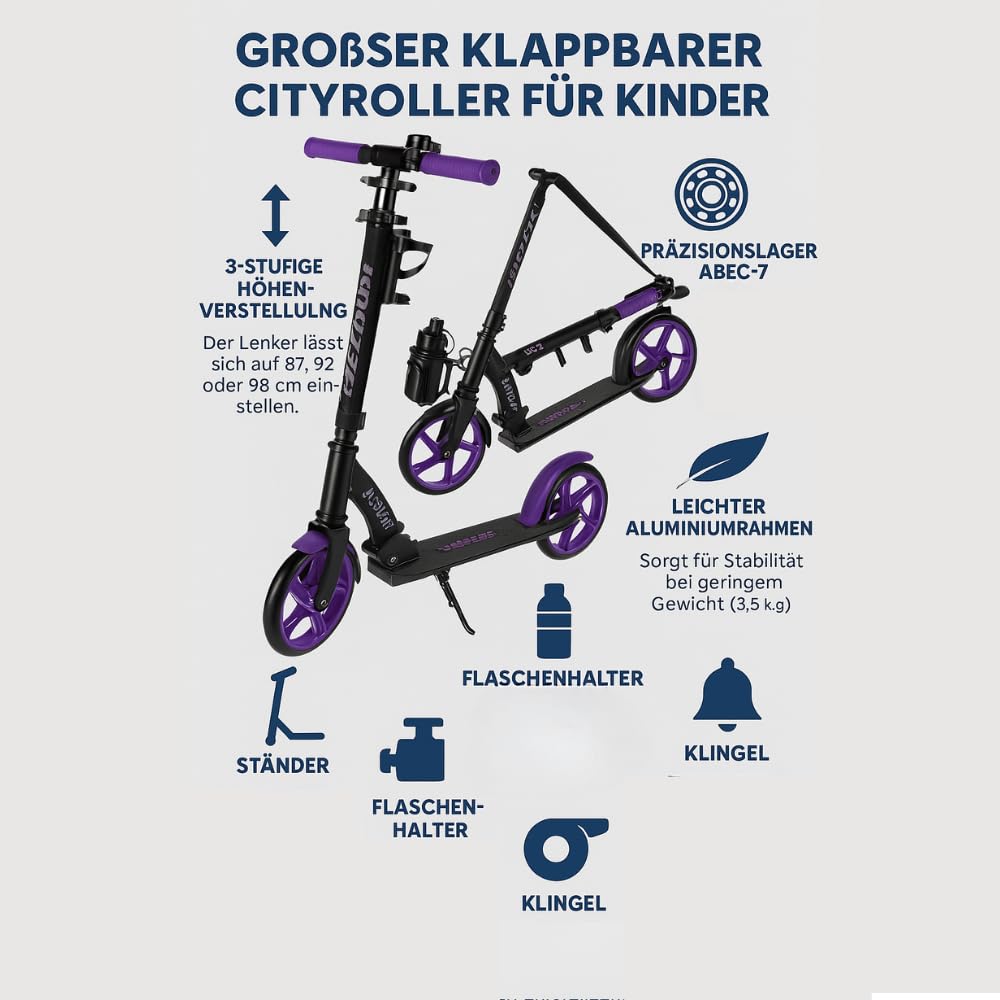 KRUZZEL Roller Kinder Klappbar ab 8 Jahren bis to 100 kg 200-mm-Räder - Höhenverstellbar Lenkrad 87–92–98 cm -Scooter Grau mit Fußbremse und Flaschenhalter - Aluminiumrahmen 25629