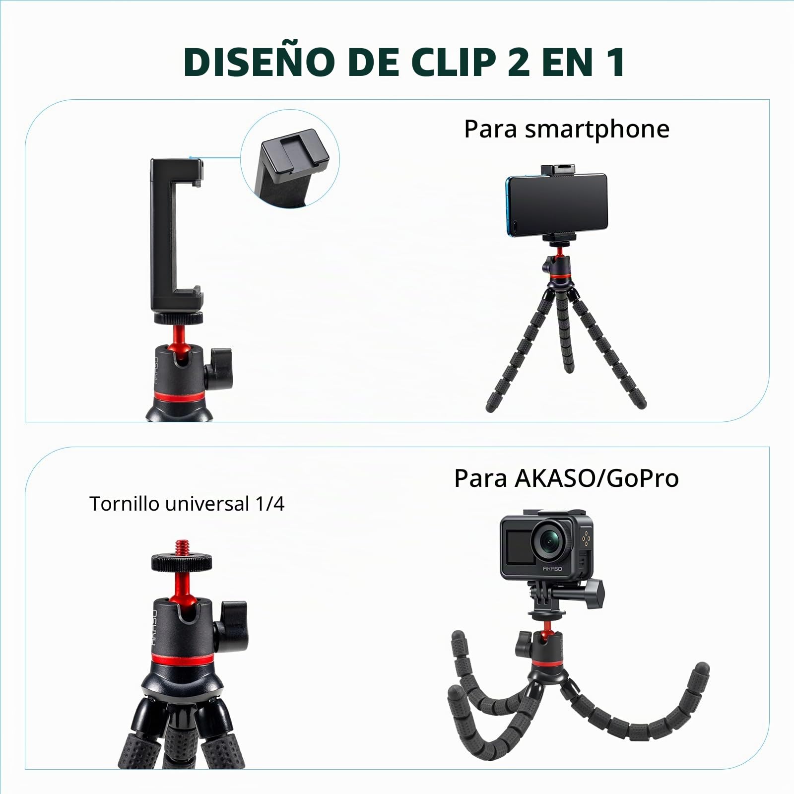 AKASO Trípode flexible para cámara de acción, mini trípode portátil con clip universal, rotación de 360°, soporte de mesa multifuncional compatible con GoPro, DJI, Insta360, AKASO