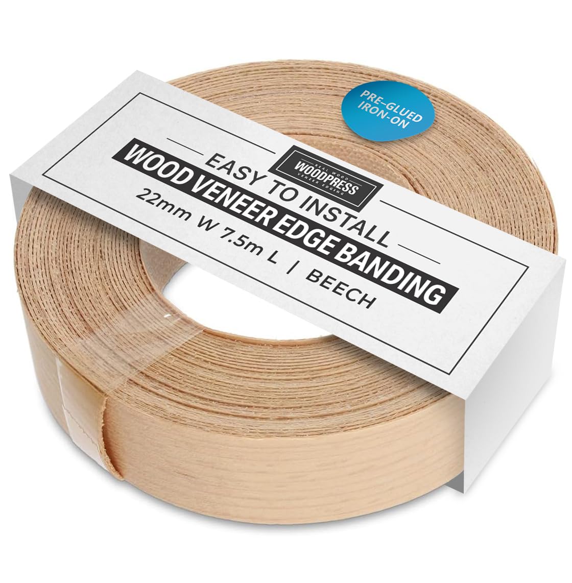 Woodpress Sand Beige 22Mm Real Beech Edging Tape - 7.5M Iron On Edging Strip - Pre-Glued Wood Veneer Edging Tape For Diy Application - Edge Banding For Furniture Restoration - Hot-Melt Adhesive Wood Trim Edging
