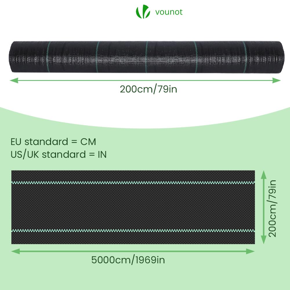 vounot Płótno do mulczowania złych ziół 50 m x 2M Tkane Włókna Polipropylenowe AntyUV 100 g/m2 Odporne na rozdarcie z wysoką stabilizacją Czarna plandeka do mulczowania