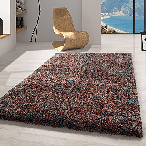 Carpetsale24 Teppich Wohnzimmer Shaggy Flokati Terrakotta - Blau - Beige 240 x 340 cm Meliert Design...