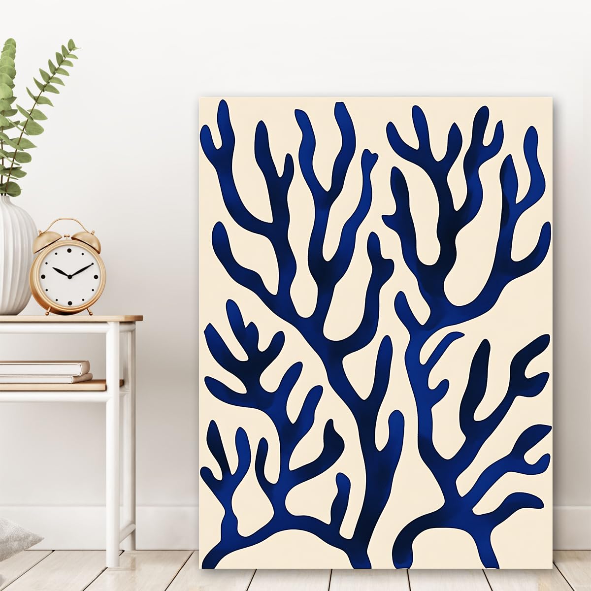 TOANGWALL Granatowy koralowy obraz na płótnie minimalistyczny plakat życia oceanu abstrakcyjne tło beżowe algi ilustracja ścienna do dekoracji łazienki i sypialni 50x75cm