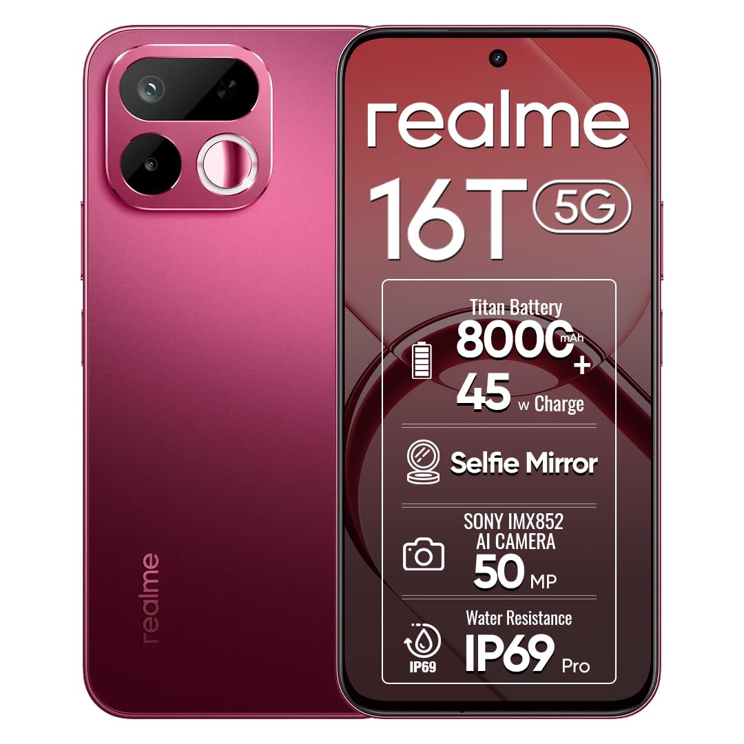 realme 16T 5G Smartphone 8+256GB Red, 6.8-inch Screen, 144Hz Display, 8000mAh Battery, 45W Fast Charging, Rear50MP+Front16MP AI Camera, MediaTek Dimensity 6300, IP69