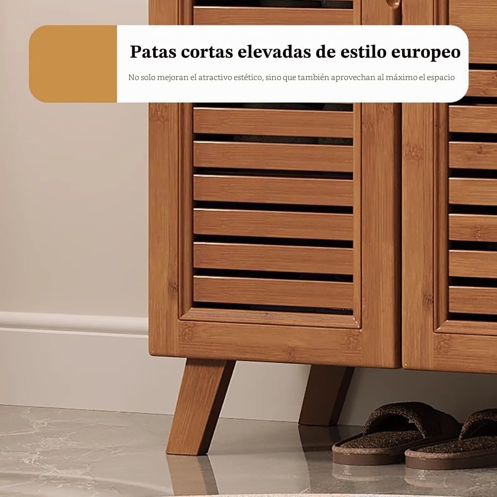 Armario Zapatero de Bambú con 4 Puertas, Gran Cajón y Baldas Abatibles, Zapatero Entrada Recibidor con Estantes Ajustables y Puertas de Persianilla, para Pasillo y Salón