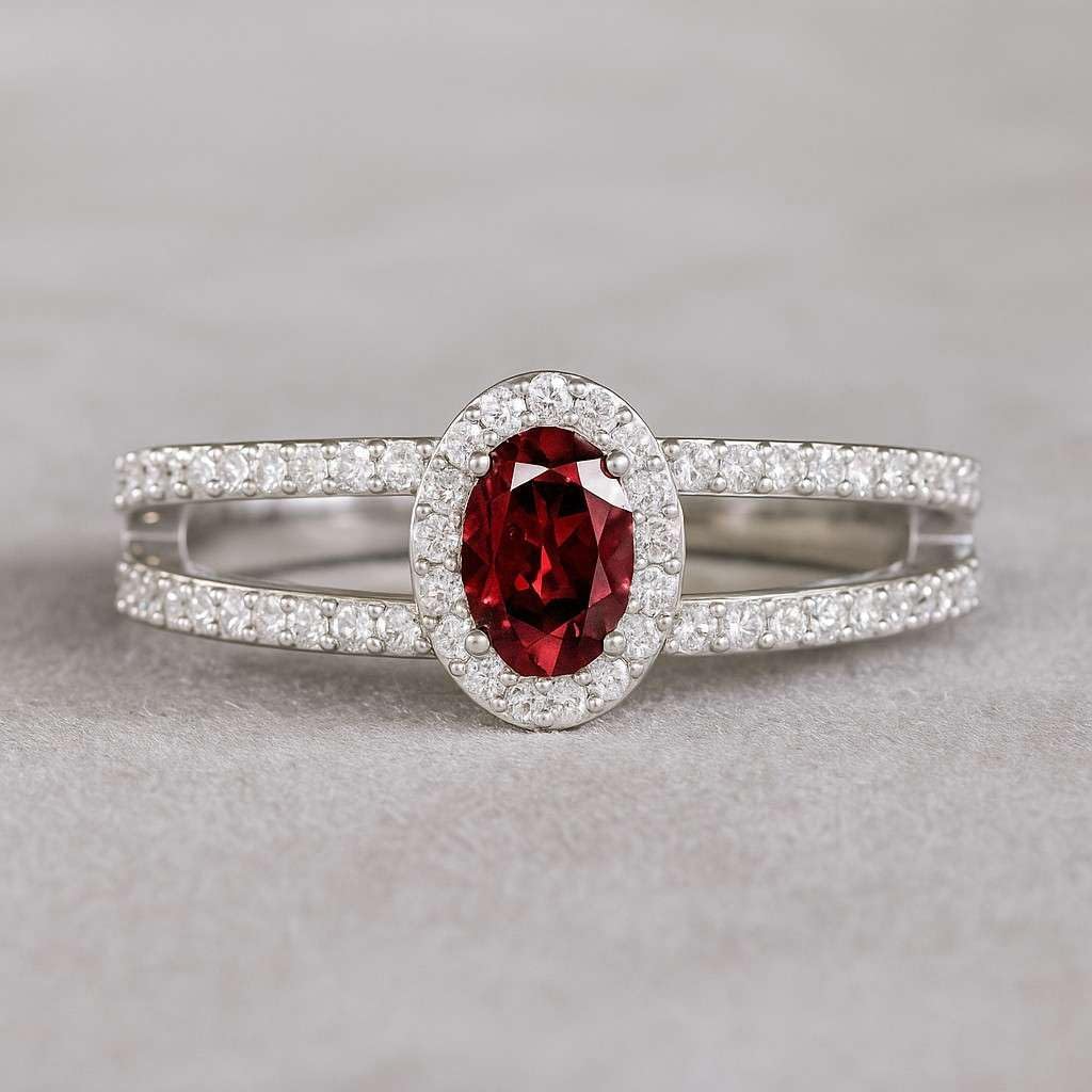 Natural Garnet Ring for Women | 14K Gold or 925 Sterling Silver | Oval Red Gemstone Halo Ring with Lab-Grown Diamonds | Split Shank Engagement, Promise or Anniversary Ring | Fine Jewelry Gift