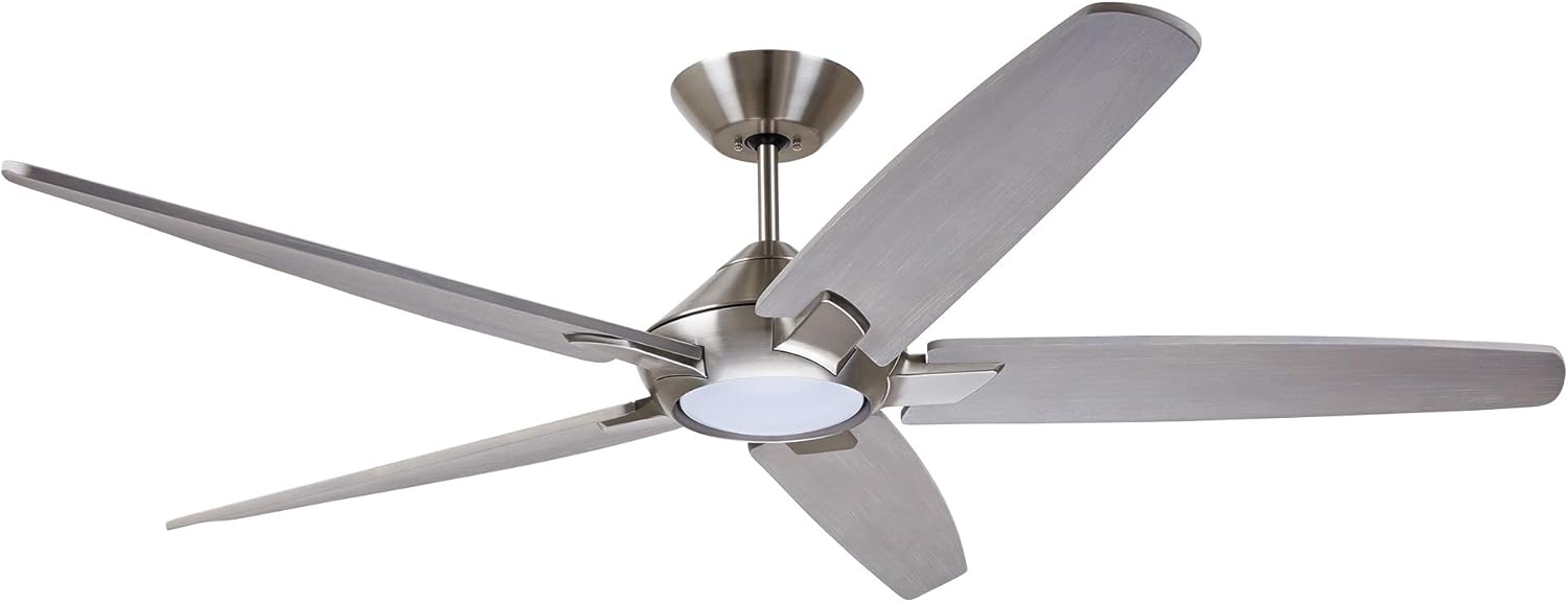 Dorian Eco 60 Inch Ceiling Fan with Light | Dimmable LED Fixture with Premium DC Motor | 6-Speed Wall Control with Gray Solid Wood Blades with and Downrod Mount, Brushed Steel