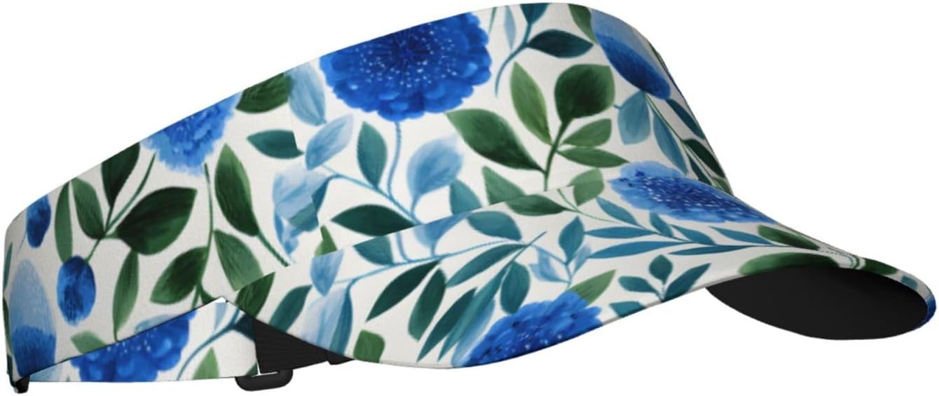 (Blue Flowers and Green Leaves) Adult Sun Visor Hat Adjustable Open Top Sports Cap Breathable for Men Women Beach Vacation Essentials