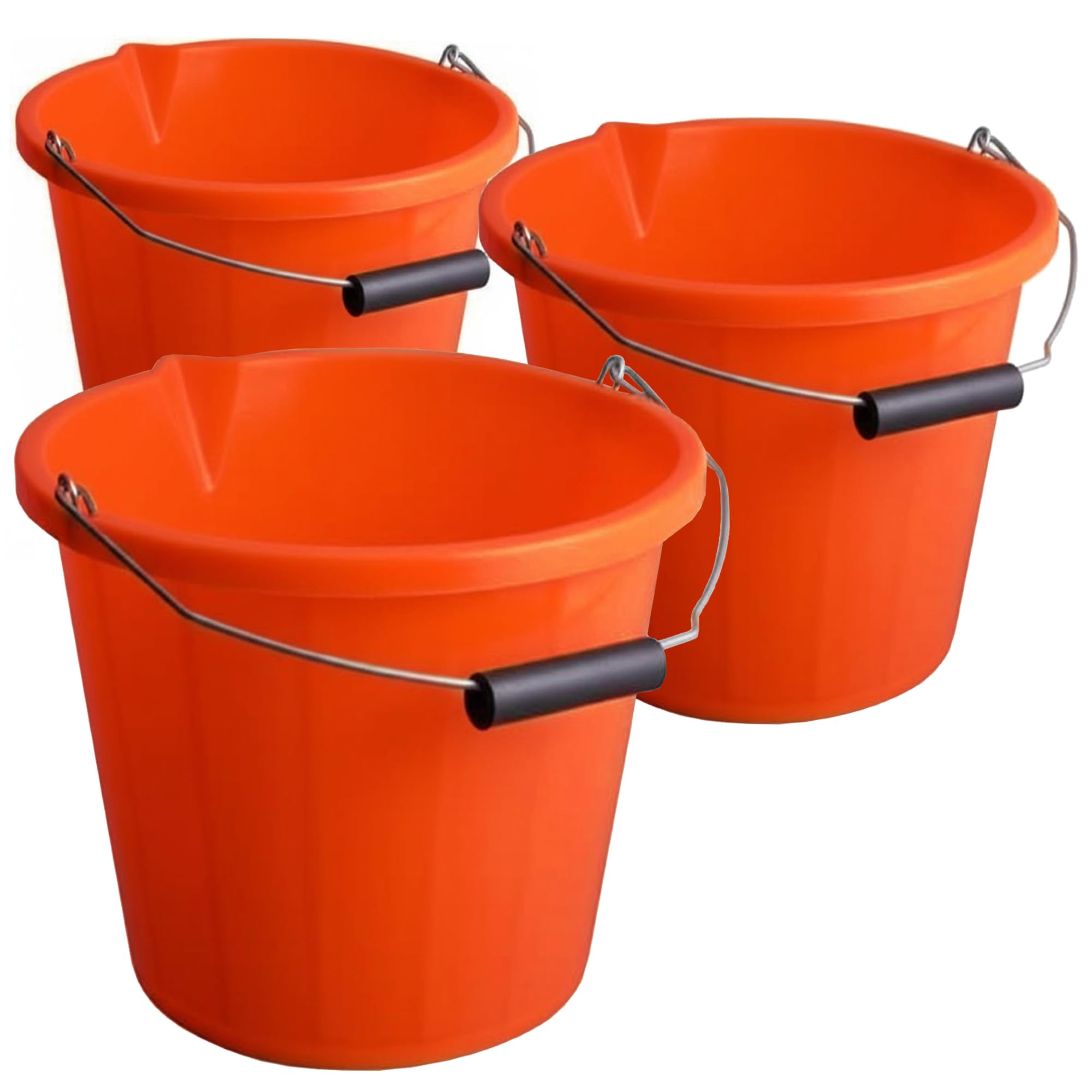 Heavy Duty Orange Plastic Builders Bucket 3 Gallon 14 Litre Water Mixing Storage with Handle and Spout Made in U.K. Pack of 3