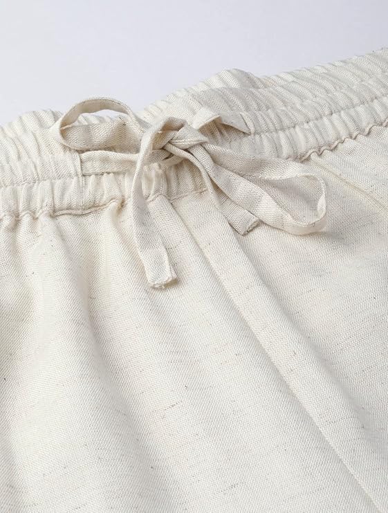 Image of Women's Off-White Wide Leg Palazzo Pants with Elastic Drawstring Waist, Lace Hem, Cotton Blend - Flowy Boho Lounge Trousers, Casual Summer Pants, Loose Fit Beach Yoga Pants