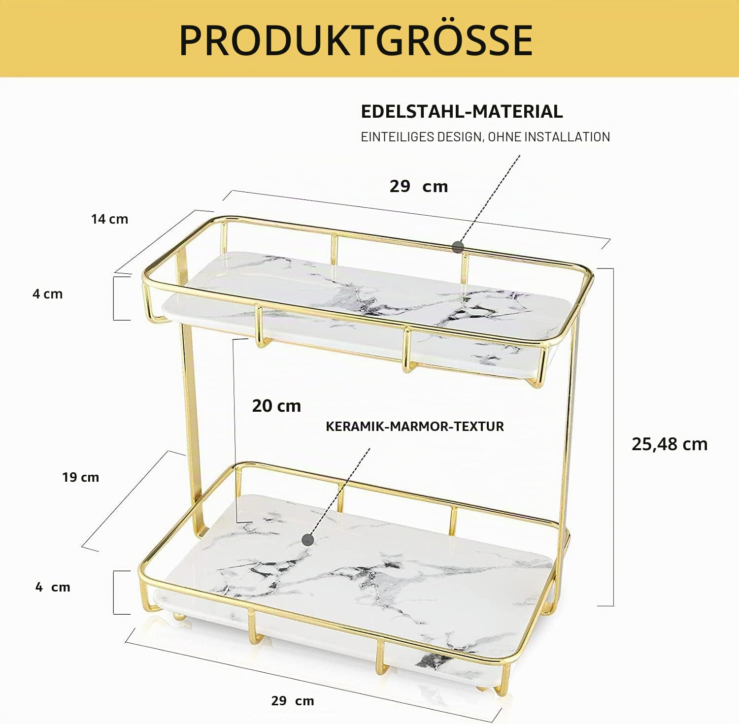 NC Make-up-Organizer Regal, Edelstahl Regal mit Keramiktablett, weiß marmoriert, für Kommode, Arbeitsplatte, Badezimmer und mehr, Gold (21324) (142825.5)