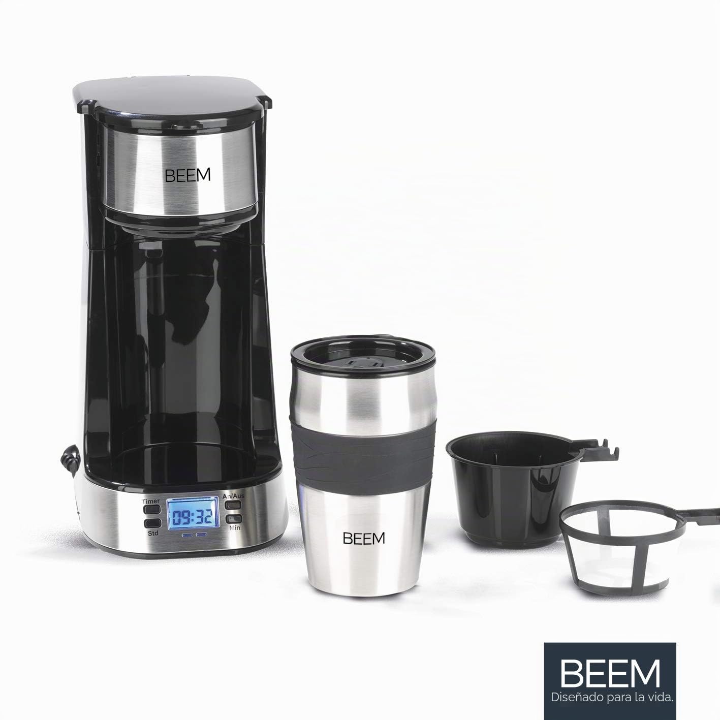 BEEM THERMO 2 GO Cafetera de filtro individual con taza térmica | Incluye taza de café de 0,4 l para llevar | Con temporizador de 24 horas para una taza de café caliente sin esperar | 750 W