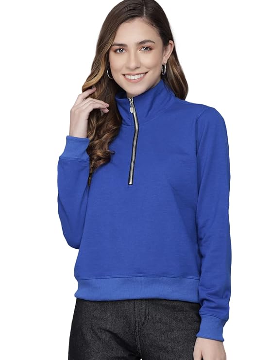 Women Blue Full Sleeve Solid Sweatshirt