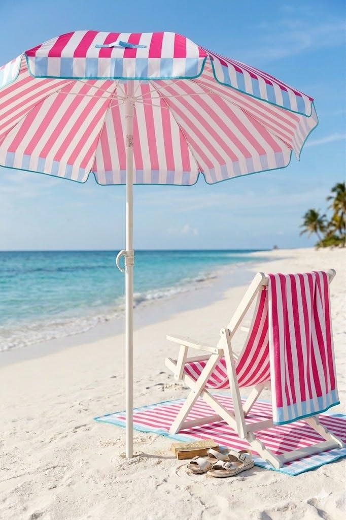 EZPELETA Ombrellone da spiaggia e terrazza a righe, parasole inclinabile in alluminio leggero e pieghevole, protezione solare UPF 50+, include custodia e vite