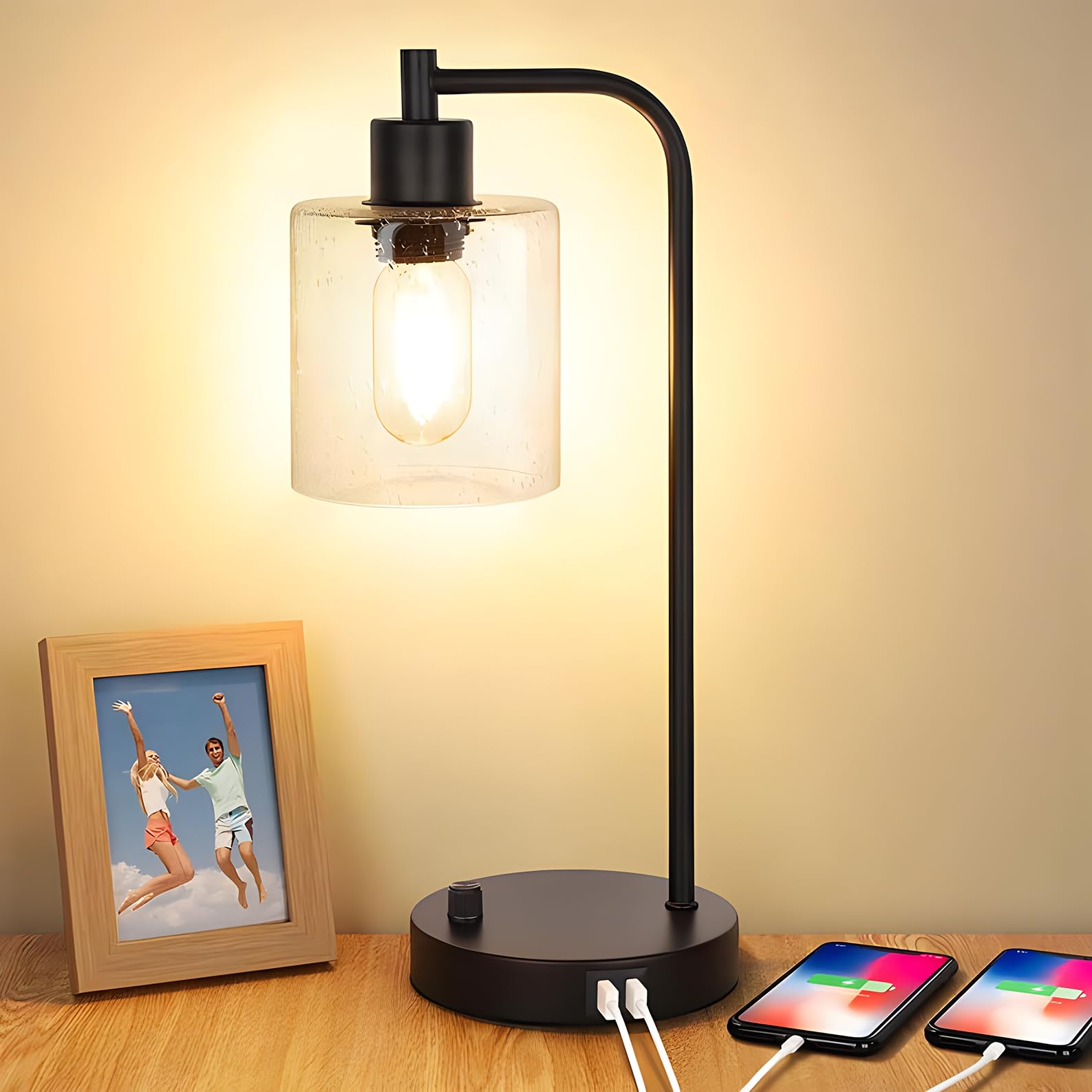 U-HOOME Industrial Table Lamps with 2 USB Port,Bedside Nightstand Desk Lamps with Glass Shade for Reading Living Room,Small Table Lamp for Bedroom,Office,Portable LED Desk Lamp With 6W E27 LED Bulb