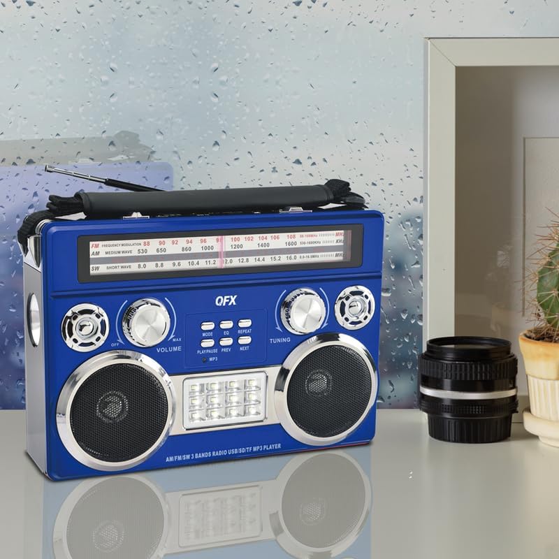 QFX R-333BT Recharge Bluetooth Radio in a home setting