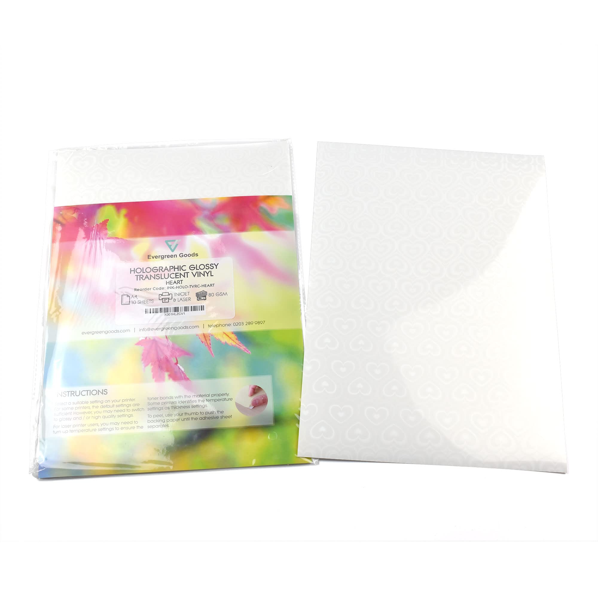 Evergreen Goods A4 20 Sheets Holographic Glossy Translucent Vinyl Heart Sticky Sticker, Semi Transparent / Translucent