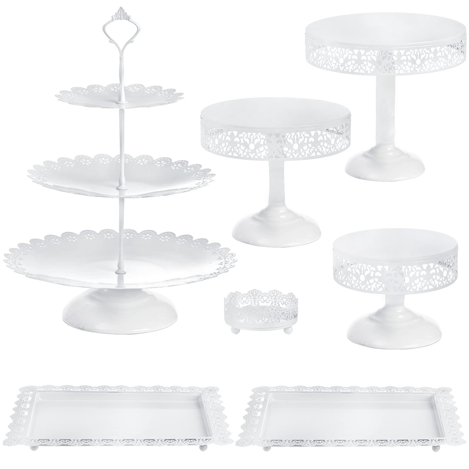 Photo 1 of Lyellfe Set of 7 White Cake Stand, Decorative Dessert Display Set, Metal Cake Stand Set for Dessert Table, Birthday Party, Wedding, Afternoon Tea, Festival