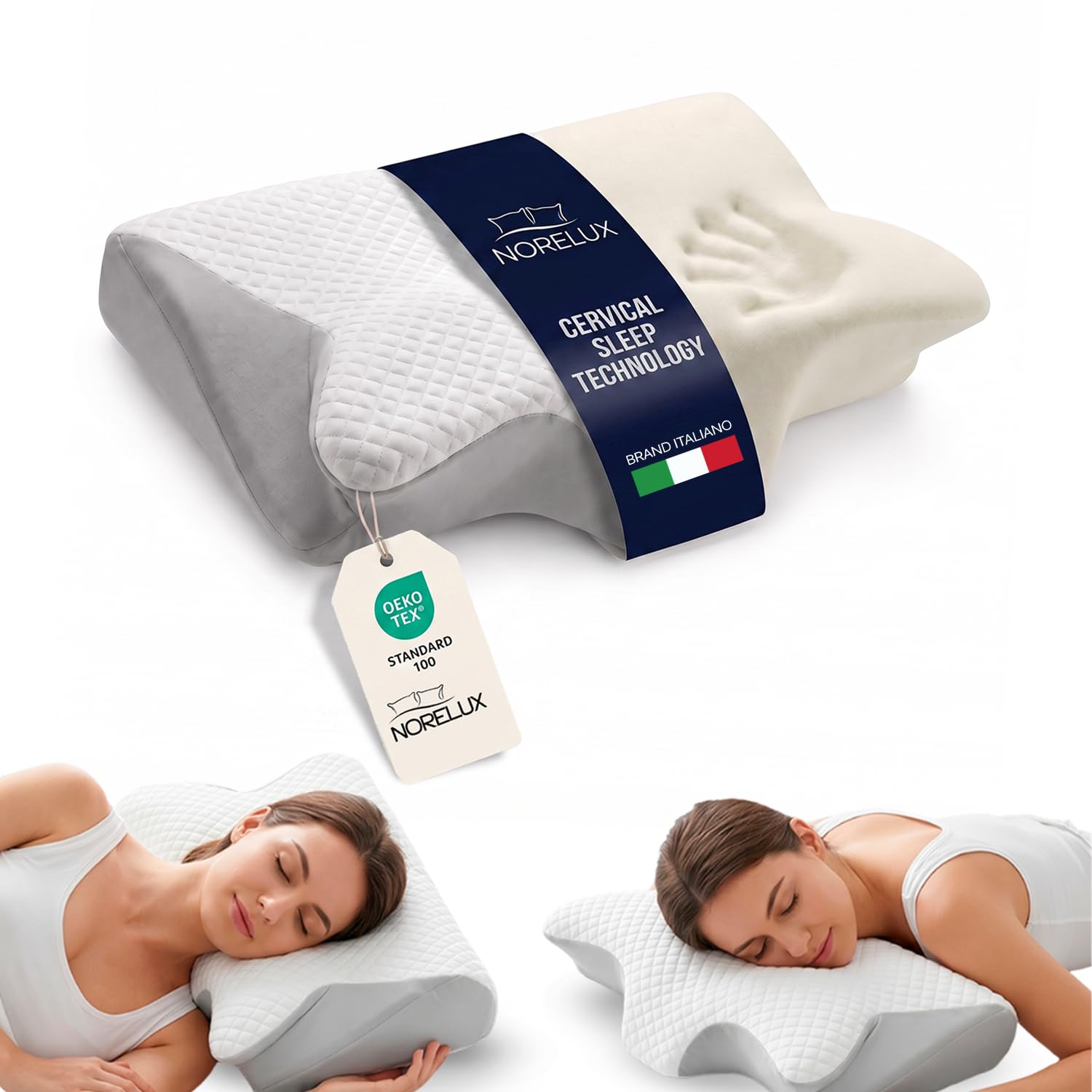 Cuscino Cervicale per Dormire a Farfalla in Memory Foam, Supporto Ortopedico Ergonomico Laterale, Supino e Proni, Federa Sfoderabile e Lavabile, Certificato OEKO-TEX Standard 100, 62x38x13 cm