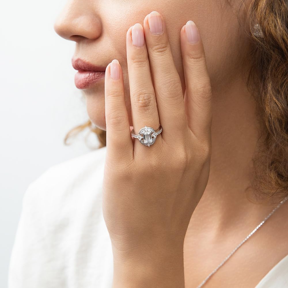 BERRICLE Sterling Silver CZ Art Deco Halo Statement Cocktail Ring for Women, Emerald Cut Cubic Zirconia - Clear, Garnet Red Colors - Image 9