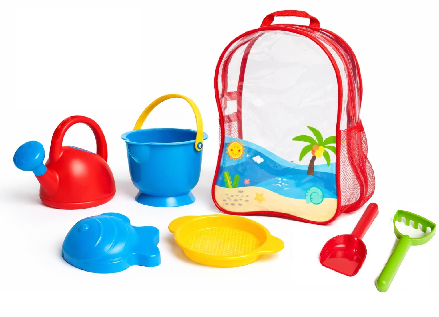 Hape Strandrucksack Grundausstattung – 7-teiliges Sandspielzeug-Set mit Eimer, Schaufel, Rechen, Sieb, Gießkanne und Förmchen, Outdoor-Spiel für Kinder ab 24 Monaten