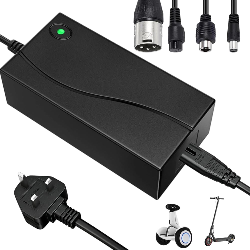 42V 2A Electric Scooter Charger, Hoverboard Charger UK 3 Pin, Electric Bike Lithium Battery Charger with 3 Connections for Mobility Scooter, Hoverboard, Electric Bike, Drift Board, Unicycle