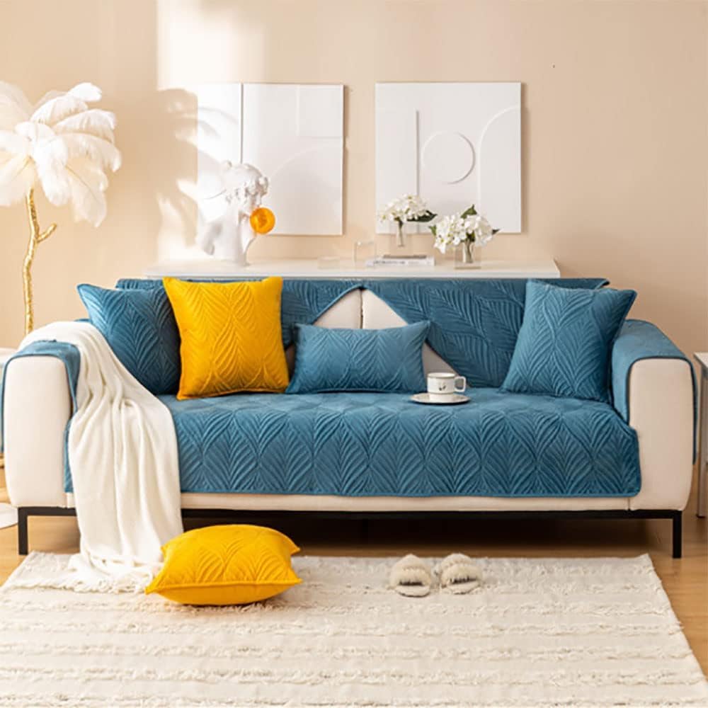 HOMETHREADS European Premium Style Anti Slip 3 Seater Sofa Cover Set | Cotton/Velvet Sofa Slipcover Set of 5pc | 1Pc Front (70x180cm) + 2Pc Back Cover (70x70cm) + 2Pc Armrest (70x50cm) | Navy_F