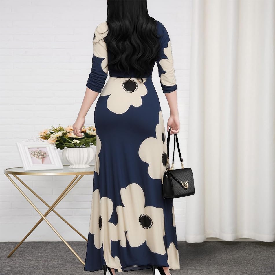 Image of CaniBtr Maxi Dresses for Women Plus Size 3 /4 Sleeve Long Dress with Belt
