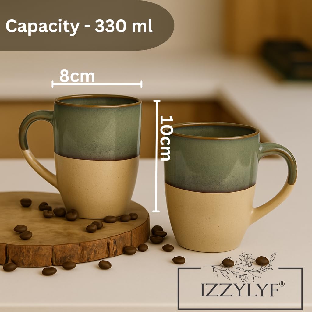 IZZYLYF 'Rustic Charm' Ceramic Coffee Mugs Set of 2 (330 ml Each) | Microwave & Dishwasher Safe Coffee Mugs with Handle for Tea, Coffee, Milk & Latte | Coffee Mugs for Gifting, Home, Cafe & Office Use 1