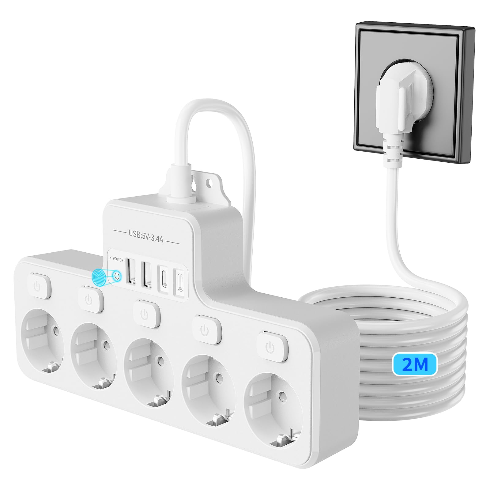 Ciabatta elettrica commutabile singola, presa multipla a 5 prese, con USB, 9 in 1, presa da tavolo con cavo da 2 m, per casa e ufficio (bianco)