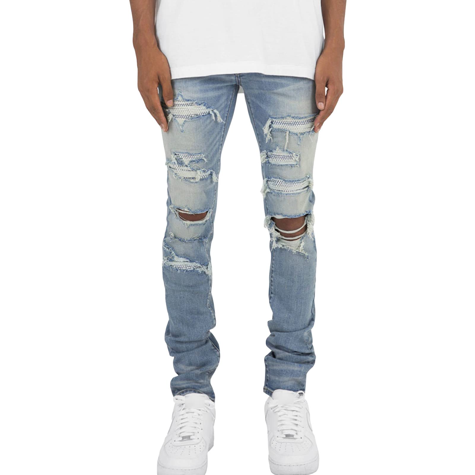 Men's Destroyed Hip Hop Jeans Vintage Distressed Ripped Denim Pencil Pants Skinny Slim Fit Stretch Ripped Jean (Light Blue,38)