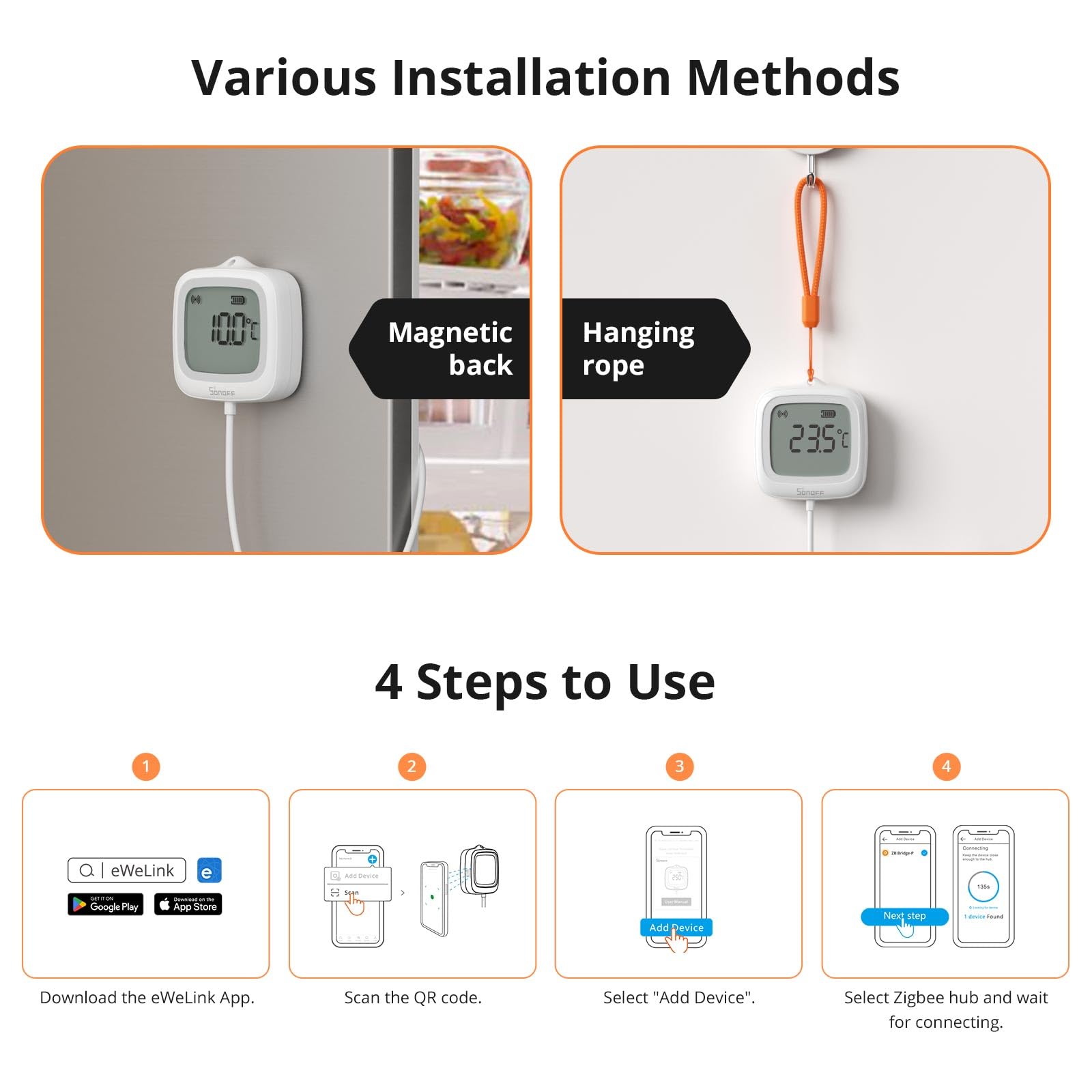 SONOFF SNZB-02LD Sensore di Temperatura Impermeabile Zigbee - Sonda in Acciaio Inossidabile 1,5 m, Display LCD, Intervallo -40~115°C, Monitoraggio APP, Supporto Magnetico, Compatibile con Hub Zigbee
