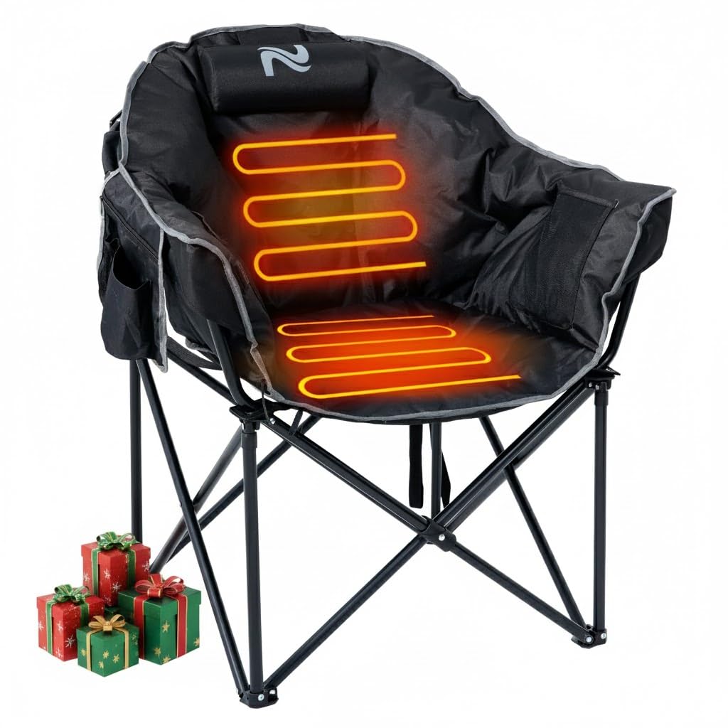 ABORON Oversized Heated Camping Chair, Padded Outdoor Folding Heated Chair with Side Pocket, Heavy Duty Seat for Winter Sports, Patio, Tailgating