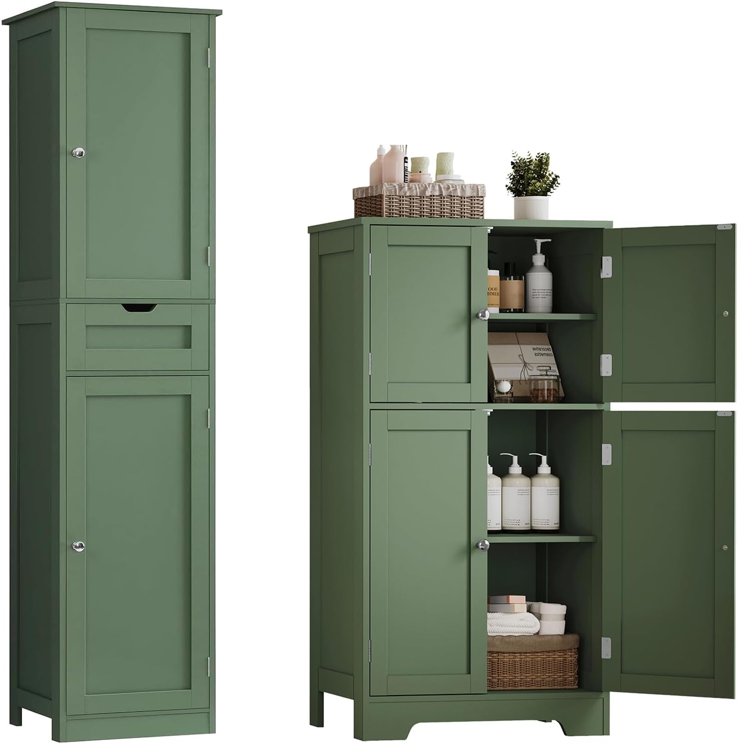 TEENFON Bathroom Cabinet, Storage Cabinet with 4 Doors & 2 Adjustable Shelves Tall Bathroom Cabinet with 2 Doors & 1 Drawer, Forest Green