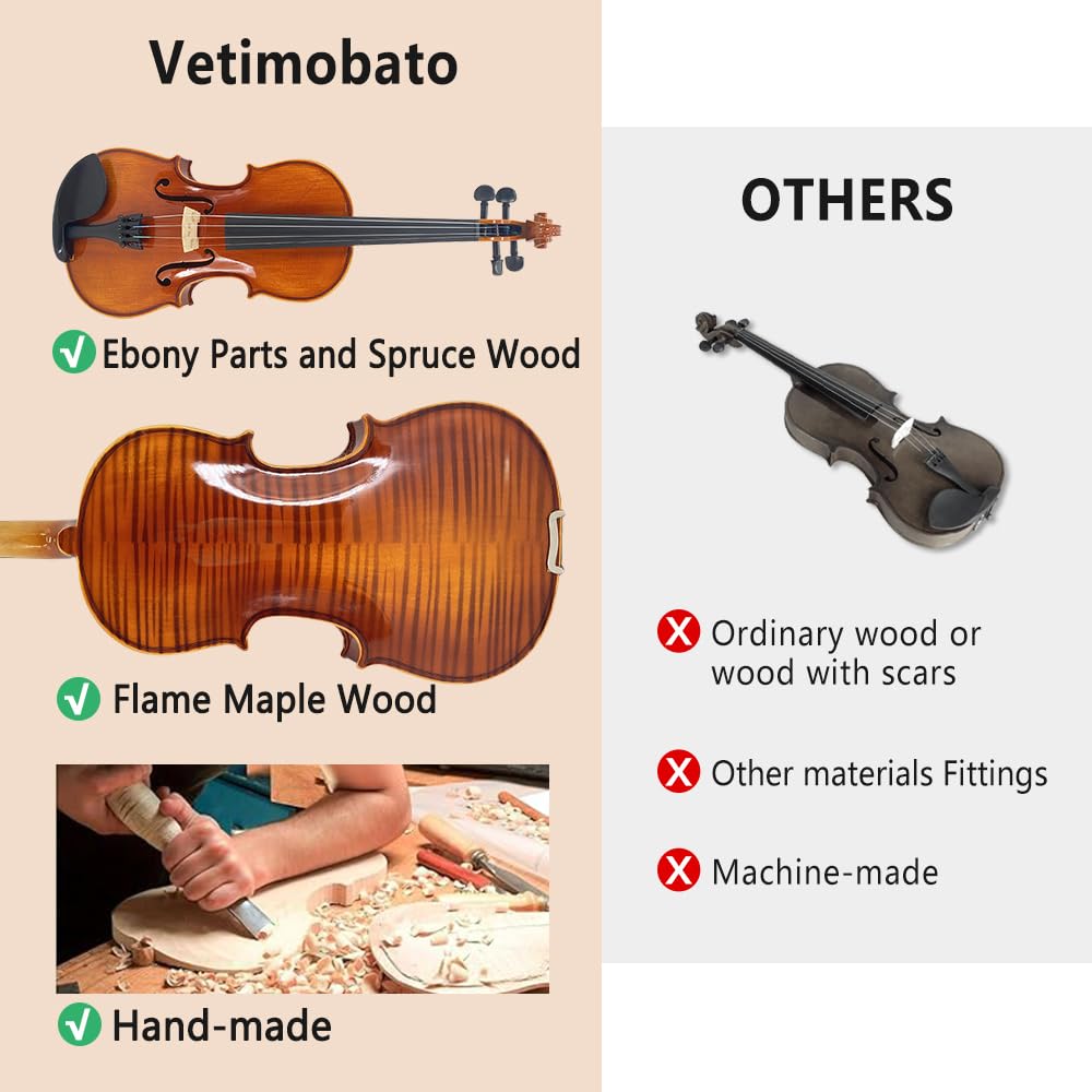 Vetimobato Violinen-Set in voller Größe, Massivholz, für professionelle Erwachsene, Anfänger, Studenten, mit Brasilholzbogen, extra Saiten, Steg, Kolophonium, Koffer (4/4)