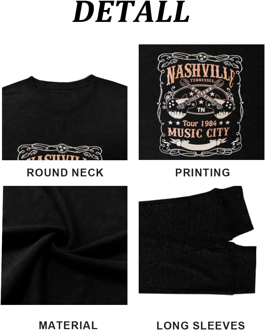 Women Nashville Shirts Vintage Rock Country Music T Shirt Long Sleeve Vacation Loose Fitting Tops - Image 5