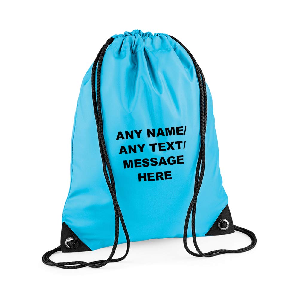 Getagift Personalised with your Own Any Name/Message/Text Premium Drawstring Bag, PE Gym Kit School, Swimming, Birthday/Secret Santa, PE Kids Sport Rucksack. (Surf Blue)