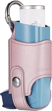 MEDMAX Asthma Inhaler Holder PU Leather Protective Travel Handy Mini Holster, Lightweight Carrying Case with Carabiner Clip, Inhaler Not Included Case Only, Rose Gold