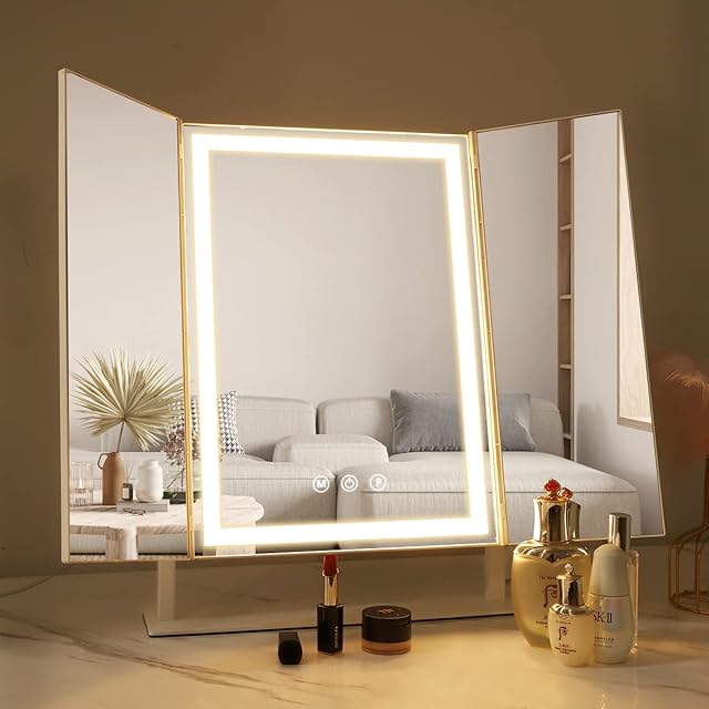 FENCHILIN Makeup Mirror with 3 Color Lighting Modes Trifold Vanity Mirror with Type C Charging Cosmetic Mirror 10x Magnification 360 Degree Rotation Tabletop Mirror (White)