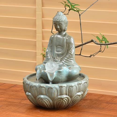 Miniatura 4 de Fuente de cerámica de mesa con función de agua para interiores, hogar, oficina, cocina, regalo de decoración de Buda (azul)