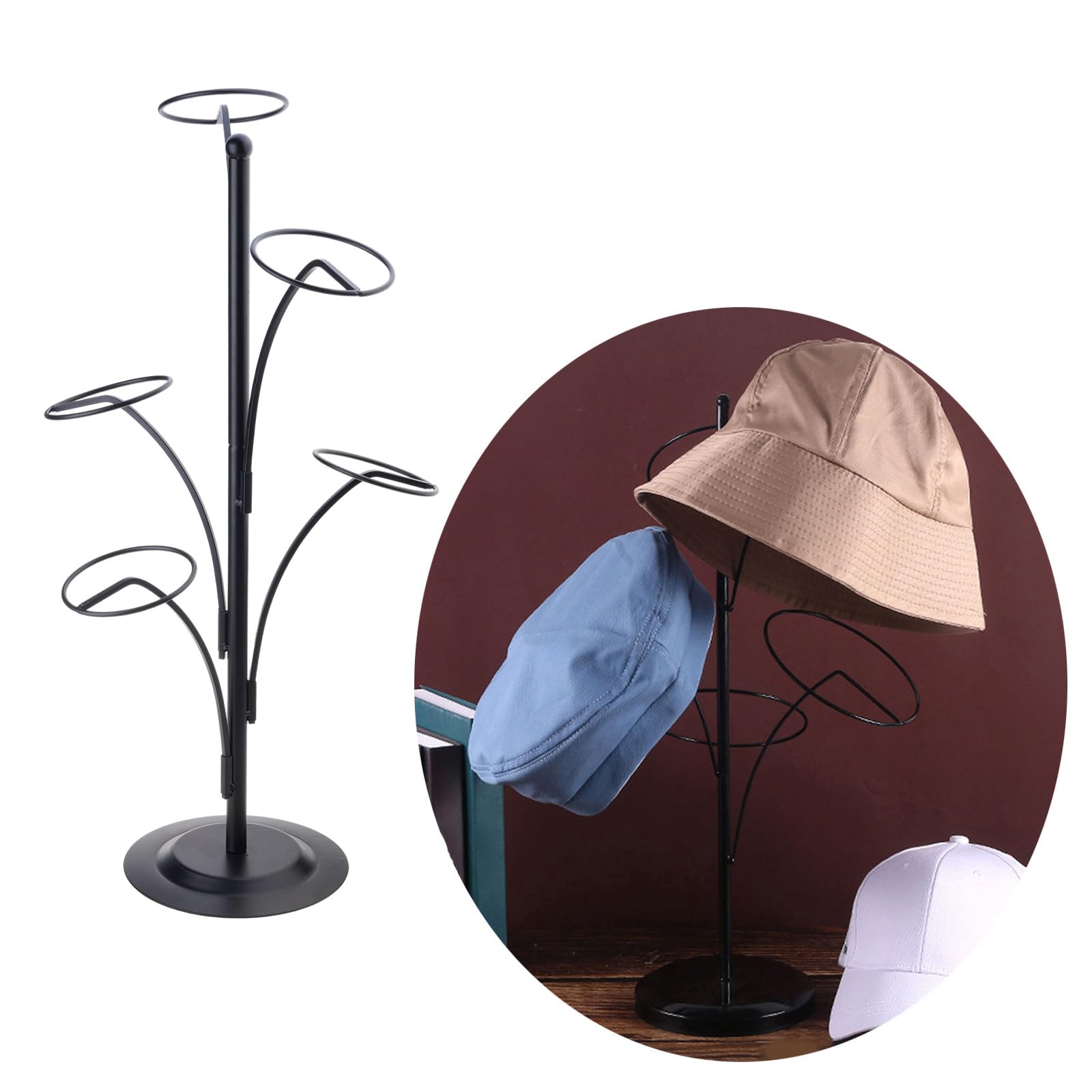 Soporte de sombrero de metal moderno con 5 ganchos redondos de pie Estante para gorra de béisbol Soporte de exhibición de almacenamiento de sombrero Organizador Soportes de metal modernos