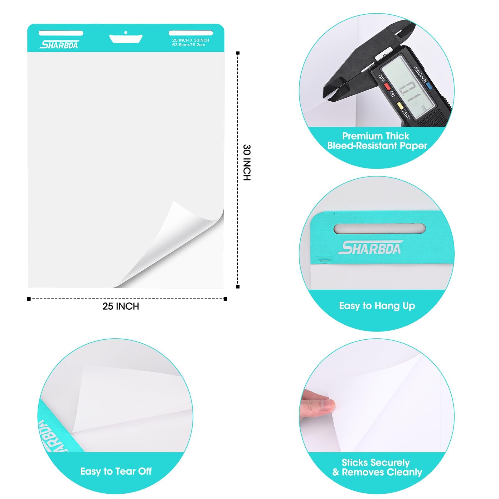 SHARBDA Sticky Easel Pad, 25 * 30 inch,Self-Stick Flip Chart Paper, Super Adhesive & Bleed-Resistant,Micro-Perforated Tear,Classroom Teacher Office Presentation Pads,6 Pads/Pack,180 Sheets