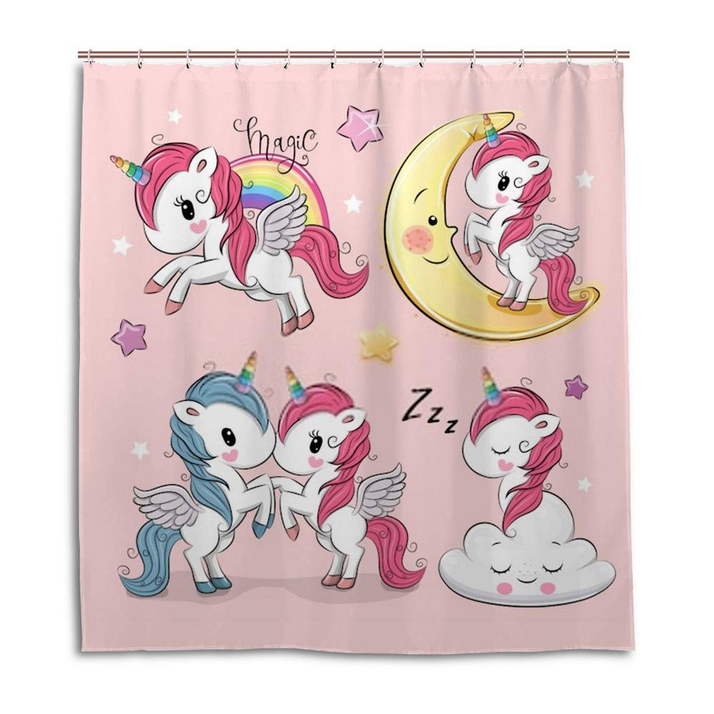 Rideau de douche rose en polyester imperméable avec motif licorne 12 crochets