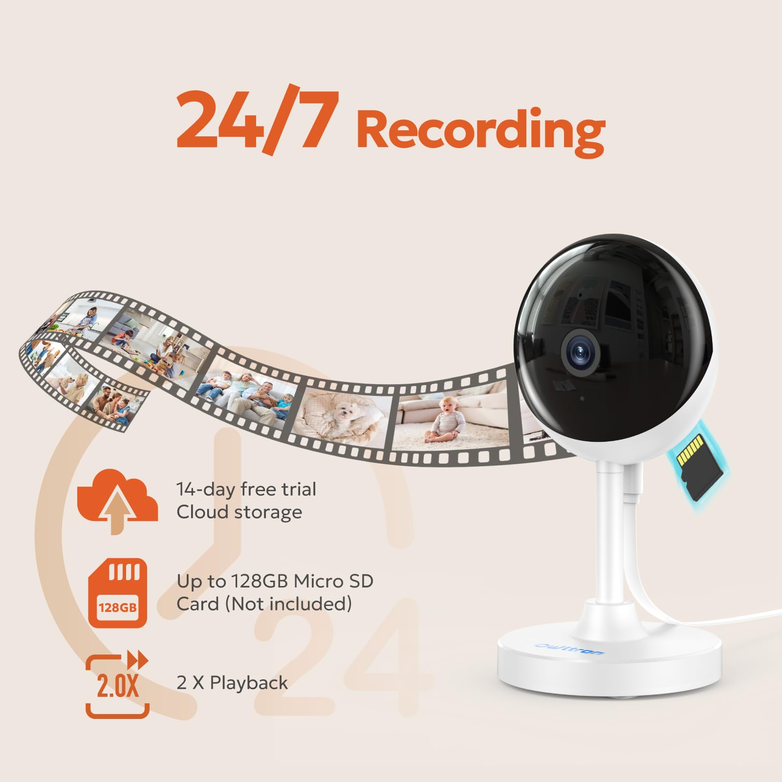 owltron Caméra de sécurité intérieure, caméras de sécurité 2K 3MP pour la sécurité à domicile avec détection de mouvement, caméra pour animaux de compagnie et moniteur de bébé avec vision nocturne
