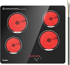 TOPWISH 24 Inch Electric Cooktop, 4 Burners Built-in Electric Stove Top Hot Plate, 6000W Drop-in Ceramic Cooktop Kitchen Stoves with Touch Control, Safety Lock, Timer, 220-240v (Hard Wired No Plug)