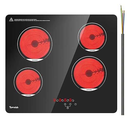 TOPWISH 24 Inch Electric Cooktop, 4 Burners Built-in Electric Stove Top Hot Plate, 6000W Drop-in Ceramic Cooktop Kitchen Stoves with Touch Control, Safety Lock, Timer, 220-240v (Hard Wired No Plug)