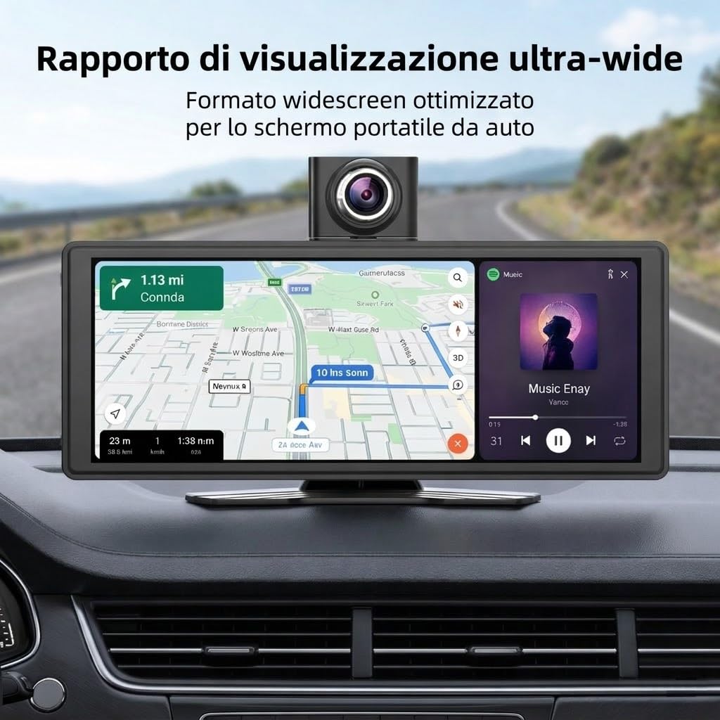 Schermo CarPlay Auto 10,26", Car Play per Auto Wireless e Android Auto, Dash Cam 4K, Supporto Retrocamera 1080P, Schermo per Auto IPS Touch, Mirror Link, BT/FM/AUX, TF 64GB, Plug and Play 12V/24V