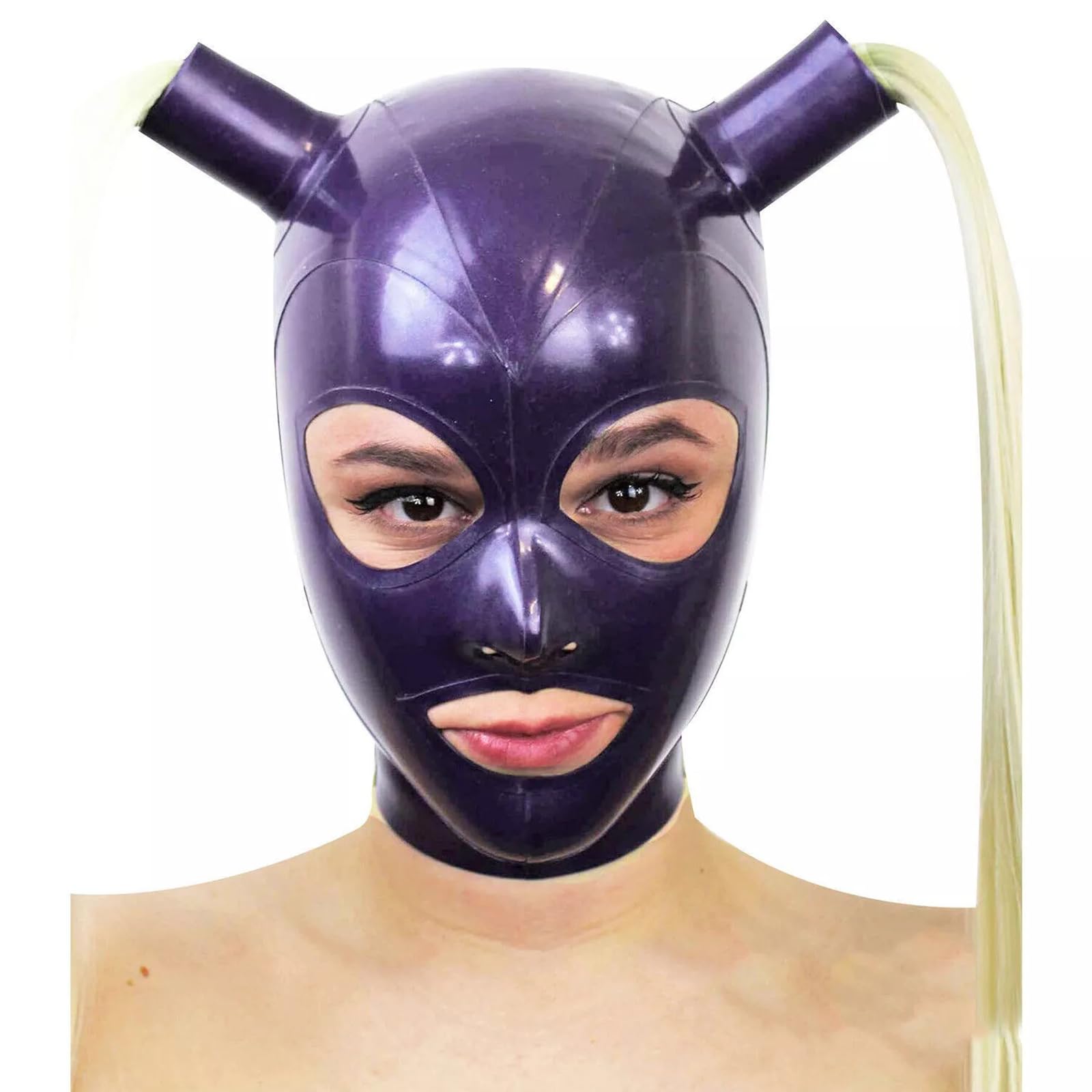 PRLBESL SM Latex Hood Double Ponytail All Inclusive Fetish Rubber Head Mask for Unisex Natural latex Exposed MouthC(Size:S-63CM)