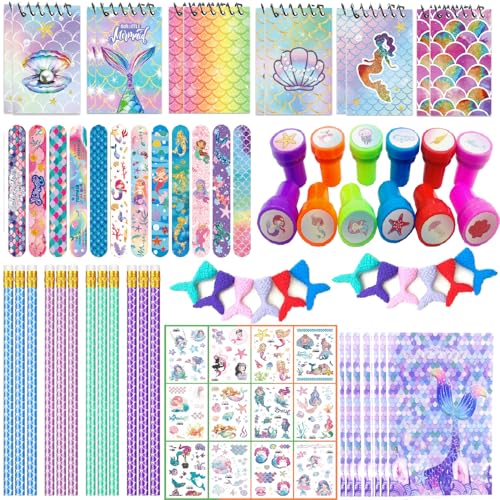 XINNIAN 84 Piezas Cumpleaños Sirena Regalo de Fiesta,Juguetes de Fiesta de Sirena para Niñas,Artículos Sirena fiestas para niños,Sirena Bolsa de Fiesta Cuaderno Lápiz Borrador Pulseras Sello Tatuajes