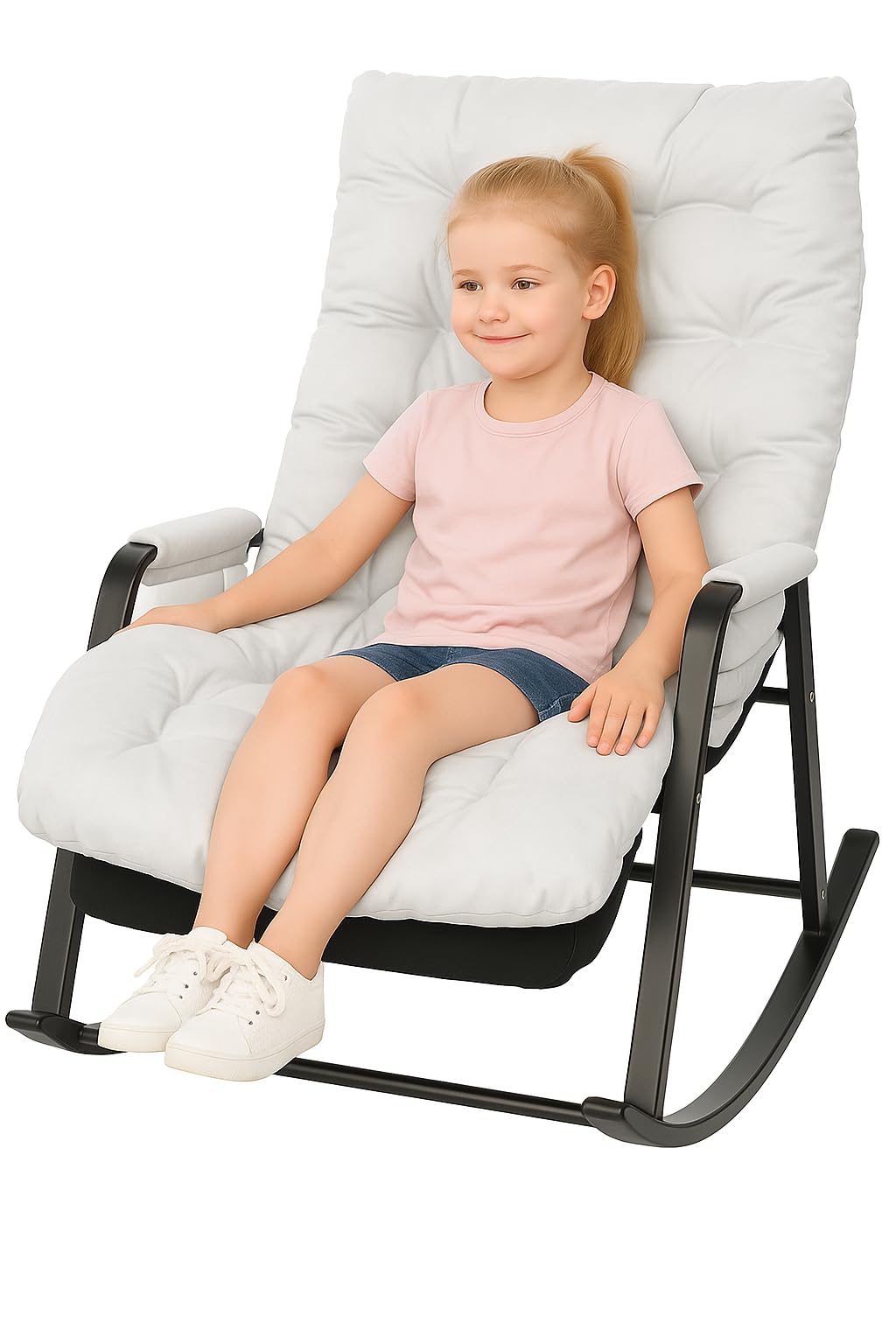 Chaise à bascule pour enfants 3 ans+ avec accoudoirs et poche latérale, structure en acier, repose-pieds réglable à 5 hauteurs, portée 250 kg, salon chambre à coucher blanc