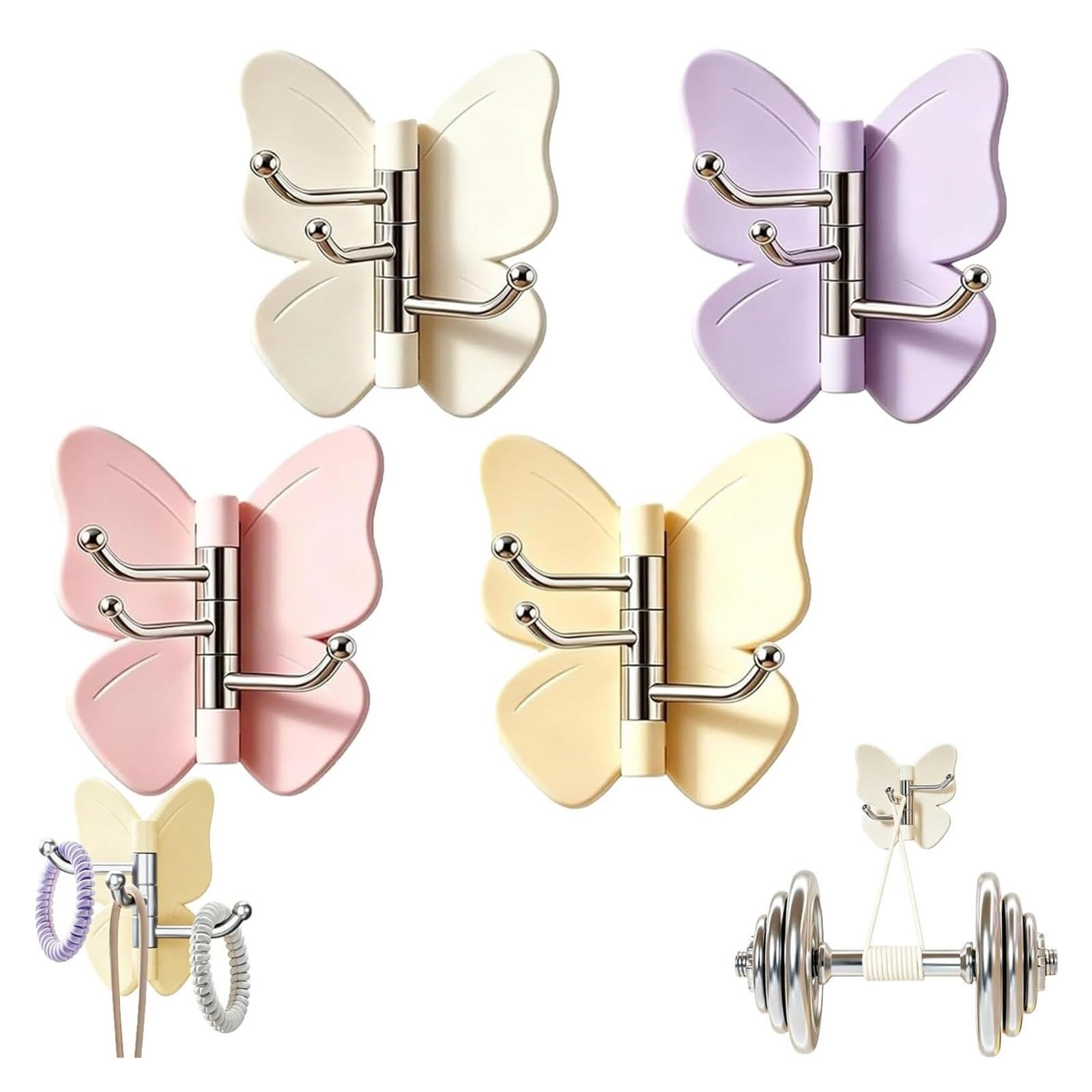 sloiaz Rotating Butterfly Adhesive Wall Hooks,Strong Stick On Organizer,270° Swivel 3 Prong Design, Adjustable Wings for Inner & Outer Corners,Bathroom and Entryway(4 Collections)